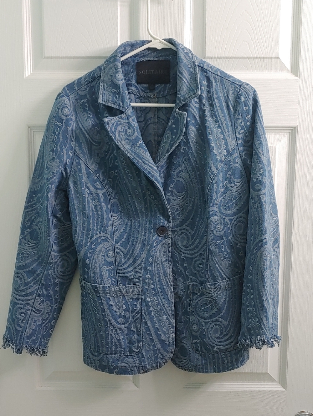 Anthropologie Solitaire Paisley Denim Jacket Boho Fringe Sleeves Women's Size M